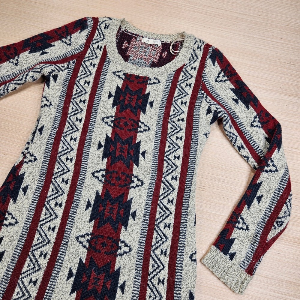 Pink Rose Knit Aztec Sweater Dress Women L Gray Red Long Sleeve PF524526TJ‎